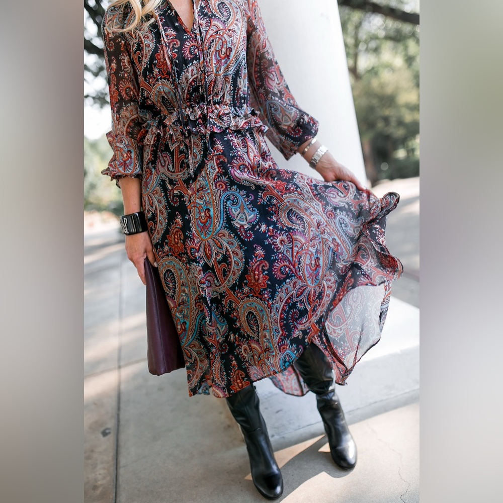 Banana Republic x Olivia Palermo mid-length long sleeve, patterned dress